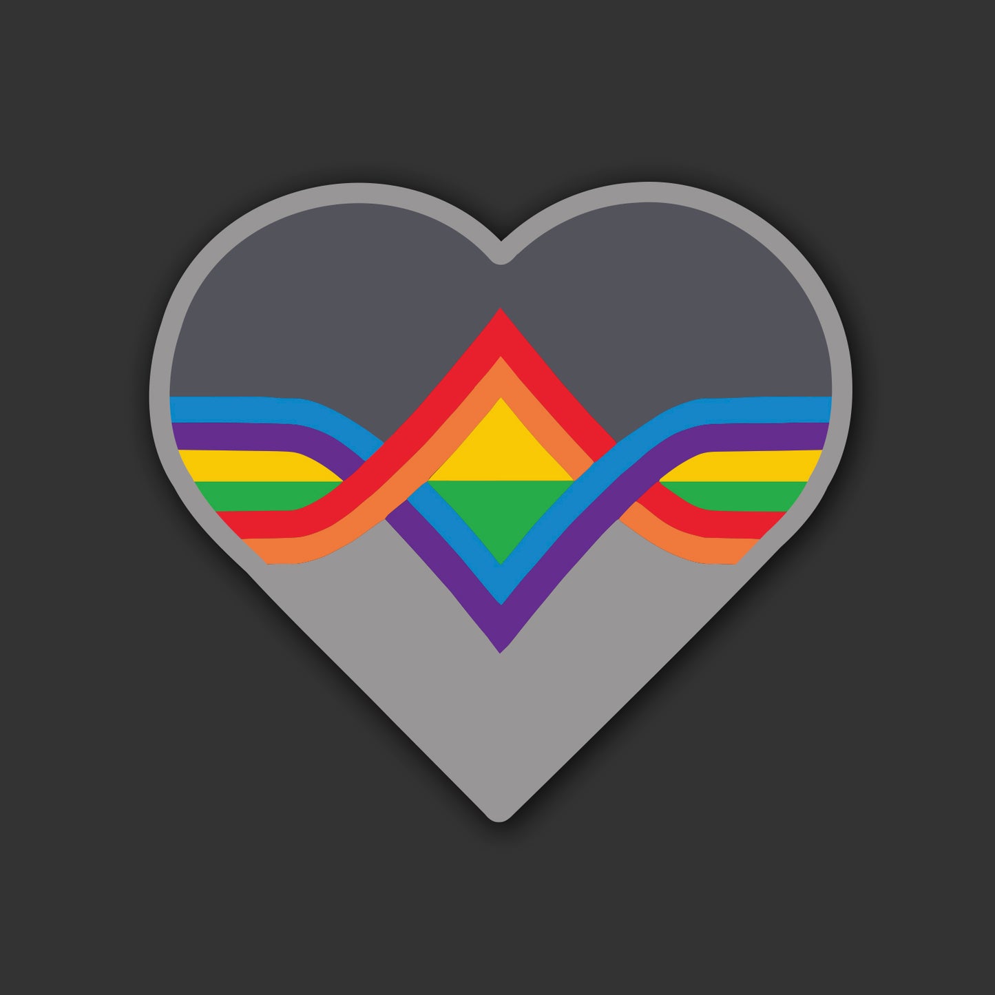 Heart-shaped sticker with rainbow design on a dark gray background