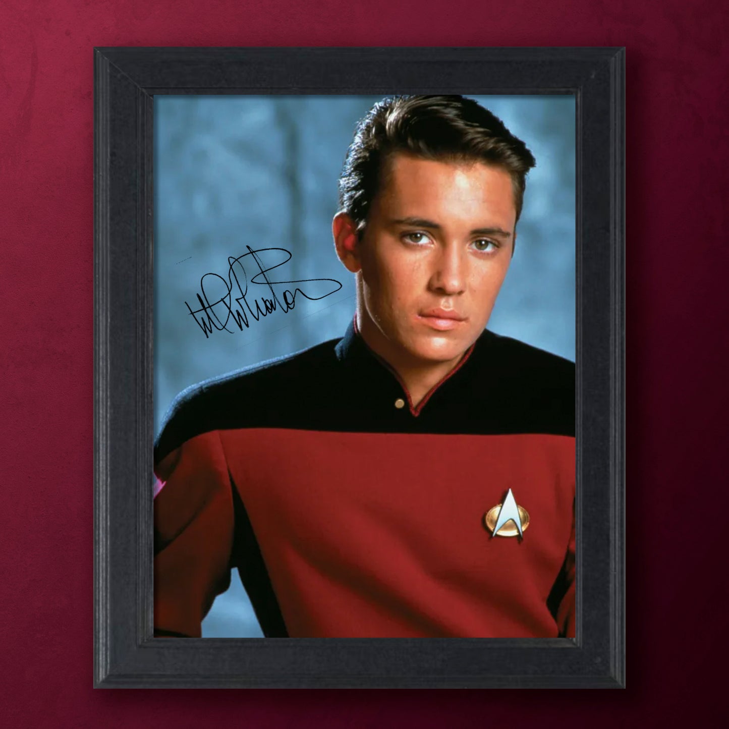 Framed photograph f actor Wil Weaton portraying Wesley Crusher in a Starfleet uniform