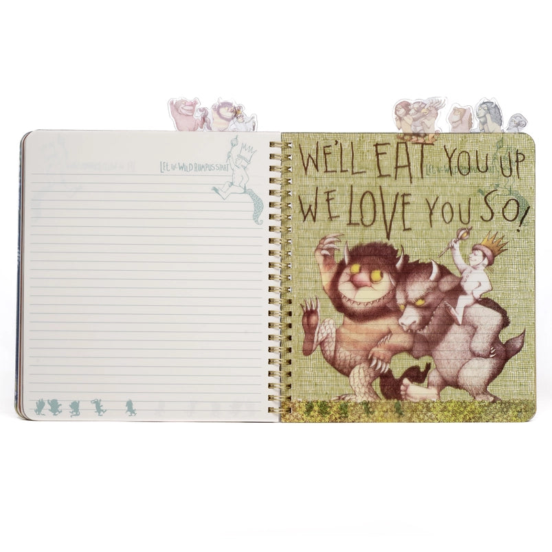 A page from the book showing two monsters carrying Max, against a yellow background. brown text says "we'll eat you up we love you so." At the top of the journal are tabs depicting characters from the book.
