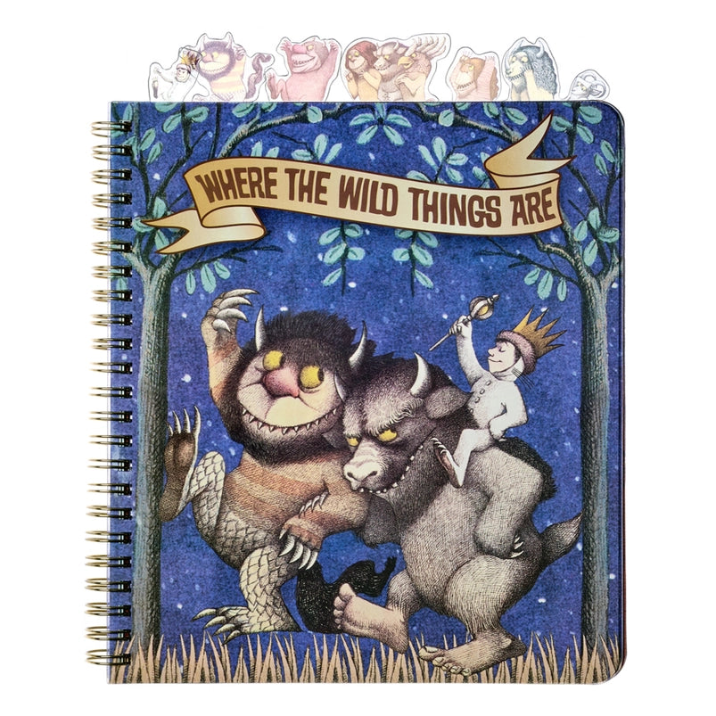 A blue journal depicting Max and two monsters from Where the Wild Things Are. Two monsters are carrying Max on their shoulders. At the top is a banner across two trees with text saying where the wild things are. At the top of the journal are tabs depicting characters from the book.