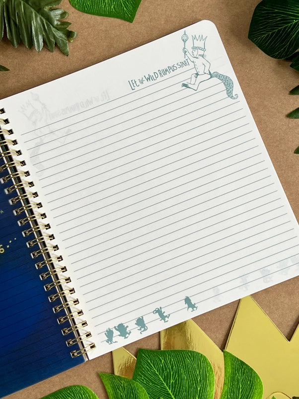 A page from the book with blank lines. In the top corner is a drawing of Max carrying a scepter. Green text says "let the wild rumpus start."
