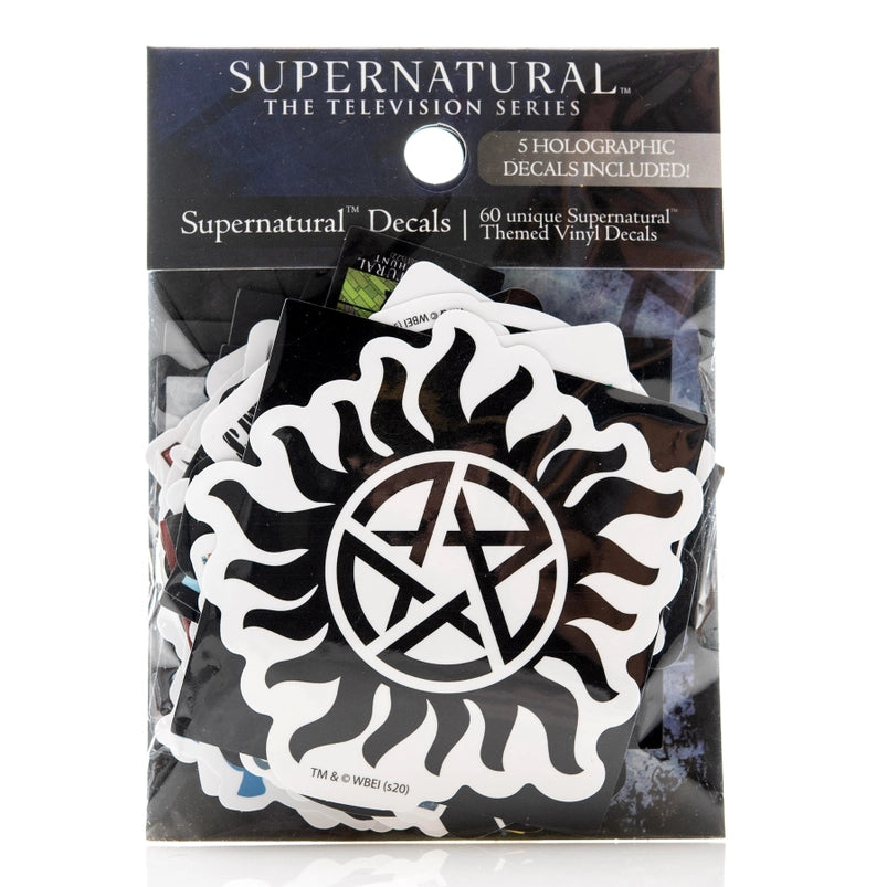 A pack of decals and stickers depicting iconic images from the TV series "Supernatural."