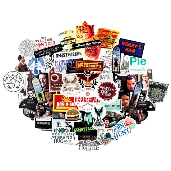 A collage of stickers depicting iconic images and characters from the TV series "Supernatural."