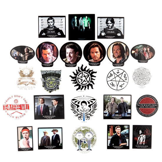 A collage of stickers depicting iconic images and characters from the TV series "Supernatural."