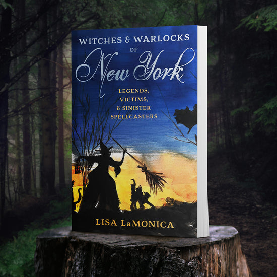 A softcover book on a tree stump, with a darkened forest in the background. The book's cover depicts a witch in silhouette, holding a broomstick, under a dark evening sky. Dead trees are visible off to the side. White and yellow text says "witches & warlocks of new york. Legends, victims, & sinister spellcasters."