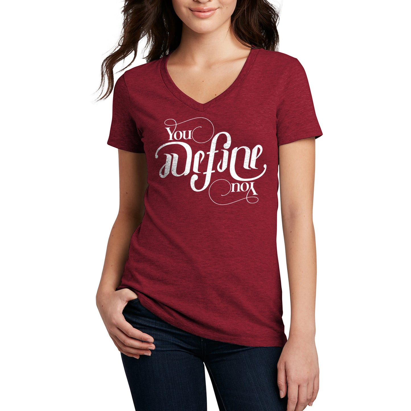 A female model wearing a red V-neck shirt with white text that says "you define you." The font is designed to look the same rightside up and upside down.