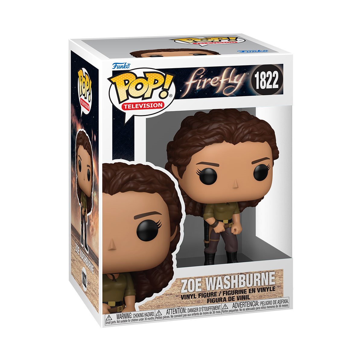 A boxed vinyl Funko Pop figure depicting the character Zoe Washburne from the TV series "Firefly."