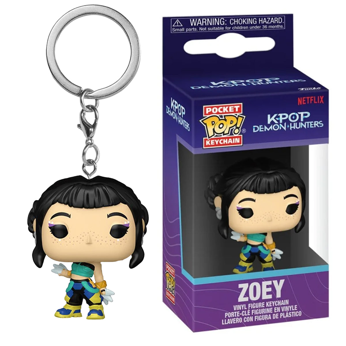 A keychain depicting Zoey from KPop Demon Hunters