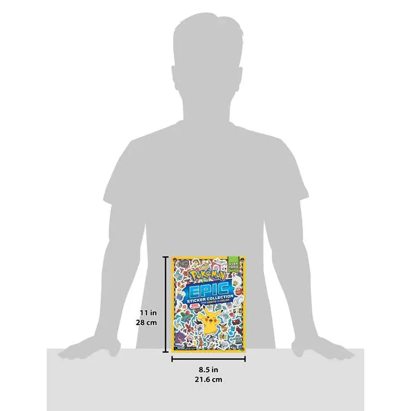 A yellow softcover book on a white and grey background. On the cover is a collage of stickers depicting various Pokemon characters. Yellow and blue text says "Pokemon epic sticker collection." A grey silhouette of a teenager is in the background.