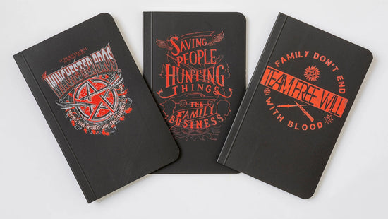 A layout of 3 small black notebooks, all with red (and white) designs. The first says "Winchester Bros" above a pentagram, and "Saving the world one apocalypse at a time" below it. #2 reads "Saving people, hunting things, the family business" with line art motifs of angel wings, a Chevy Impala, and silhouettes of the Winchester brother's profiles. #3 reads "Familg don't end with blood: Team Free Will" and depicts an angel blade, demon knife, and anti-possession symbol.