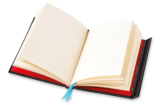 A hardcover book open to show numerous blank pages, ready to be used as a journal.