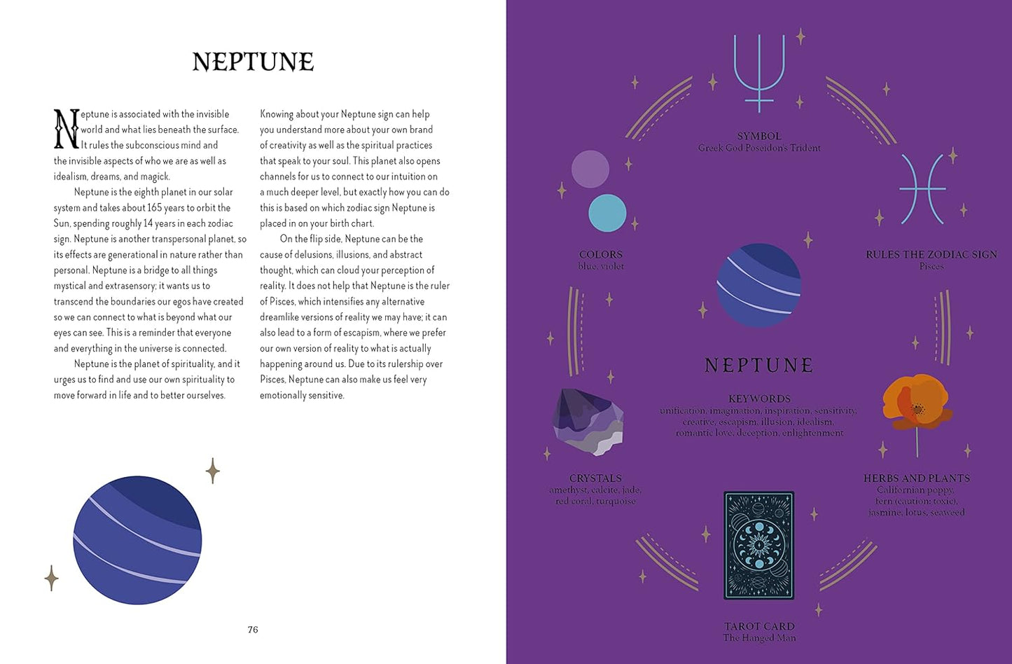 A two-page spread from the book. On the right page is a purple background with drawings of plants and crystals in a circle, surrounding a blue drawing of the planet Neptune. On the left page is black text describing Neptune.