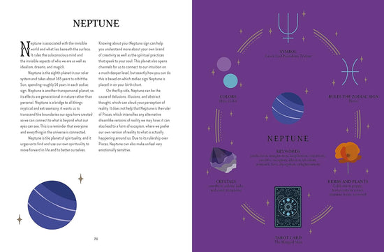 A two-page spread from the book. On the right page is a purple background with drawings of plants and crystals in a circle, surrounding a blue drawing of the planet Neptune. On the left page is black text describing Neptune.