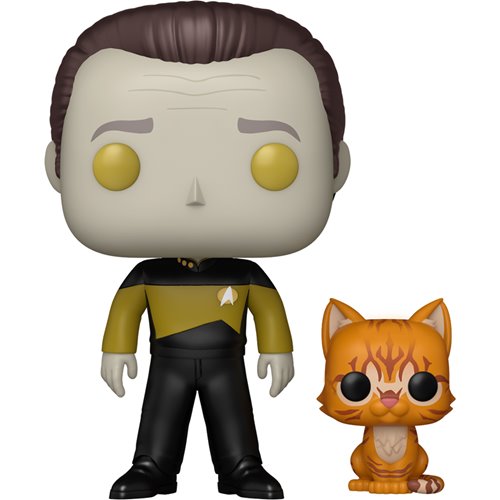 Funko Pop! figure of the character Data from 'Star Trek' with a cat, against a white background