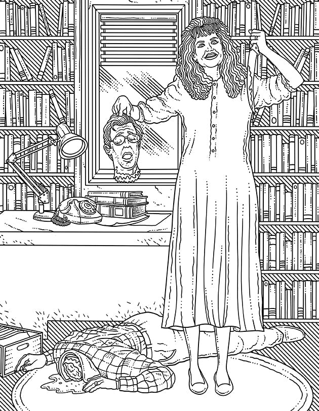 A black and white page from the coloring book. A woman in a long dress is holding a severed head in one hand, and a knife in the other. A decapitated body lies on the floor. Behind them is a desk with a telephone, lamp, and pile of books on top. Crowded bookshelves are in the background.