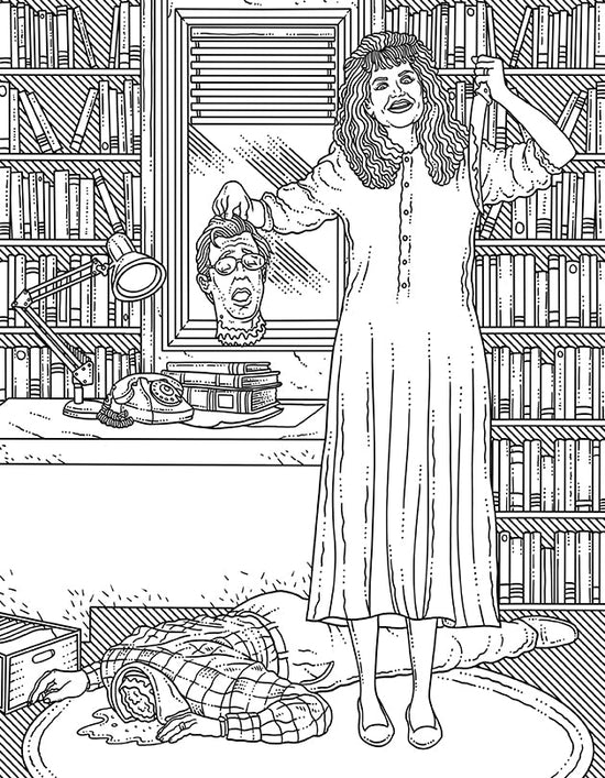 A black and white page from the coloring book. A woman in a long dress is holding a severed head in one hand, and a knife in the other. A decapitated body lies on the floor. Behind them is a desk with a telephone, lamp, and pile of books on top. Crowded bookshelves are in the background.