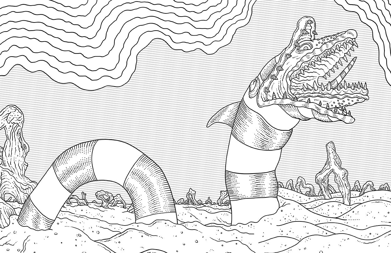 A black and white page from the coloring book. A giant striped snaked with multiple mouths is partially buried in a stretch of sand, with odd-shaped rocks in the background.