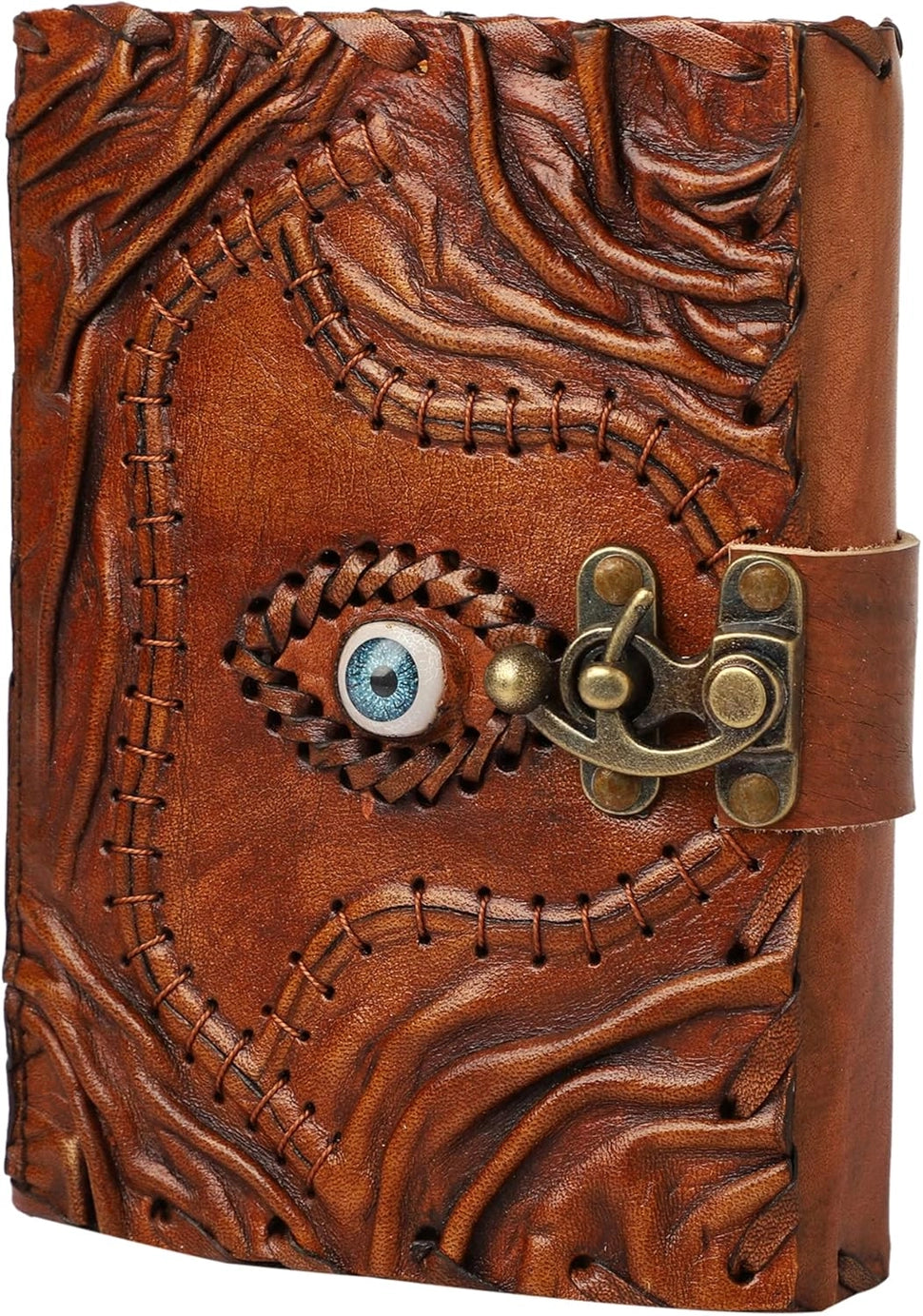 A leather journal against a white background. The cover is styled to appear stitched together with a blue eyeball in the center.