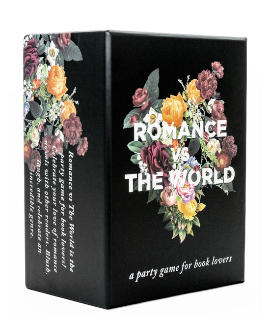 A black box against a white background. On the box cover is a bouquet of flowers, with white text in the center saying "romance vs the world."