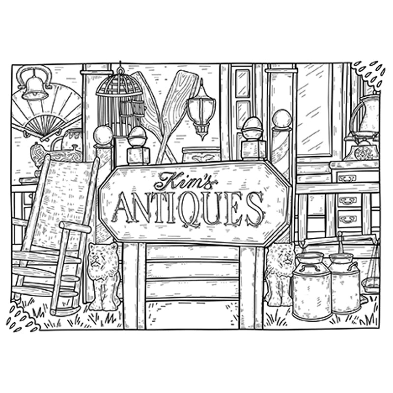 Illustration of an antiques store with various items and a sign reading 'Kim's Antiques'.