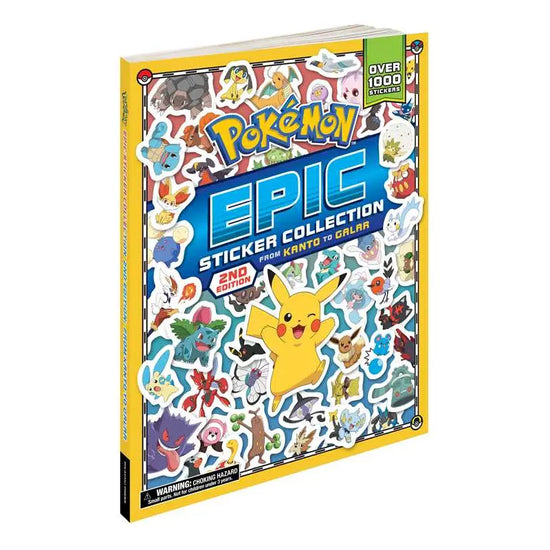 A yellow softcover book on a white background. On the cover is a collage of stickers depicting various Pokemon characters. Yellow and blue text says "Pokemon epic sticker collection."