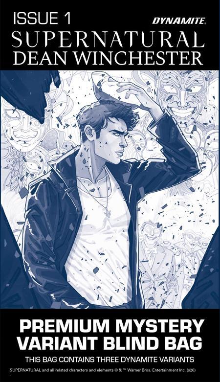 Promotional cover art for a Dynamite comic variant blind bag, featuring illustrated cover text and a monochrome portrait of a young man in a dark jacket against a black background.