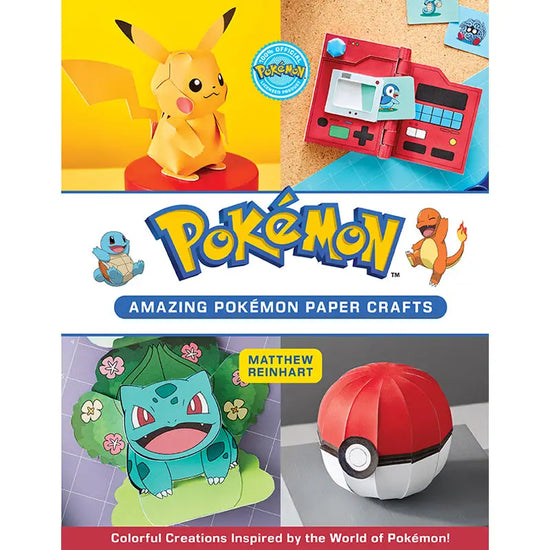 An image of the book's cover. At the top and bottom are images of completed paper projects. At the center is text saying "Pokemon, amazing pokemon paper crafts."