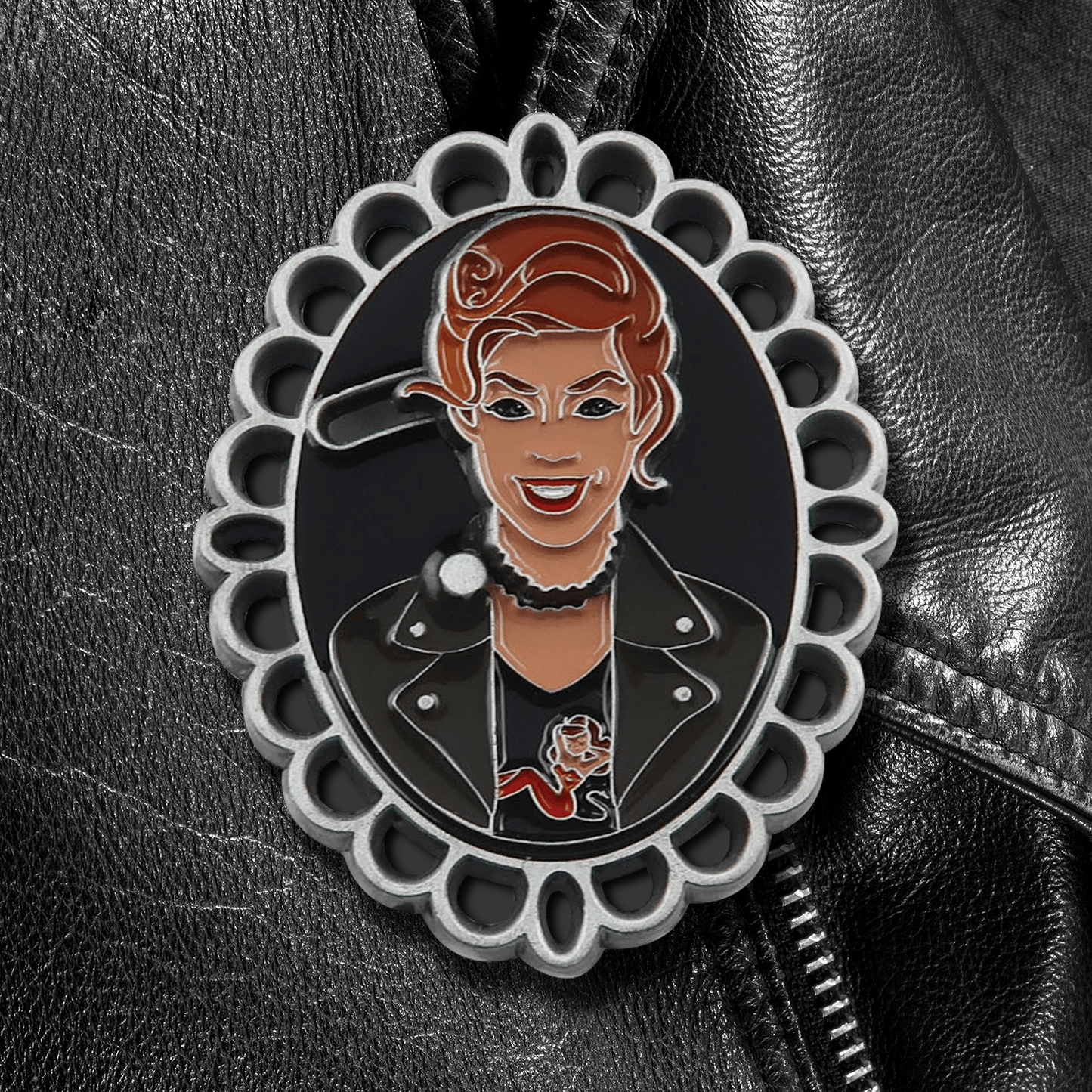 A hinged pin depicting the  character Abaddon from Supernatural. The head tilts to the side.