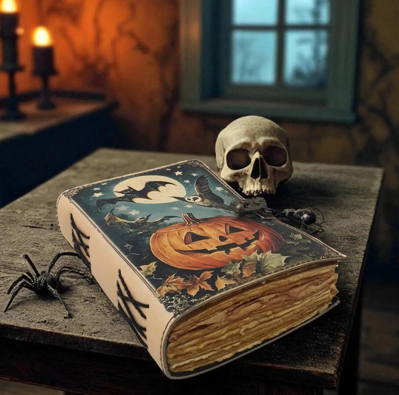 A leather journal on a wooden table. The cover depicts a drawing of a large jack-o-lantern in a field, with bats and an owl flying above it against the full moon. Next to the journal is a skull and spiders. In the background are lit candles on a table, next to a dimly lit window.