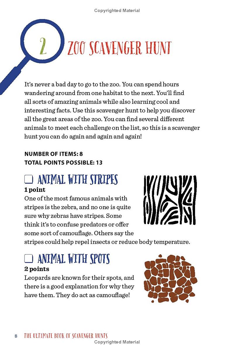 A page titled "Zoo scavenger hunt". It introduces the hunt and lists that it contains 8 items, with 13 total points possible. The two items on the page are "an animal with stripes" and "an animal with spots".