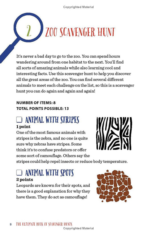 A page titled "Zoo scavenger hunt". It introduces the hunt and lists that it contains 8 items, with 13 total points possible. The two items on the page are "an animal with stripes" and "an animal with spots".