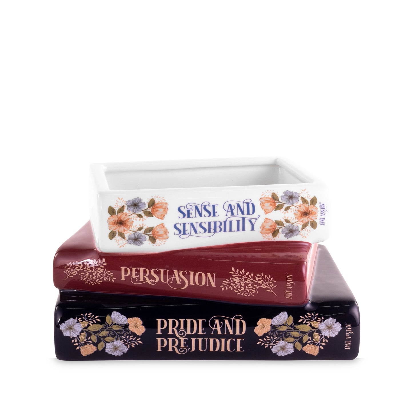 Stack of books titled 'Pride and Prejudice', 'Persuasion', and 'Sense and Sensibility' with floral designs on a white background.