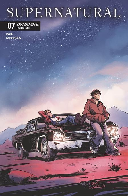 A supernatural comic book featuring Sam and Dean with their Impala, parked in the desert