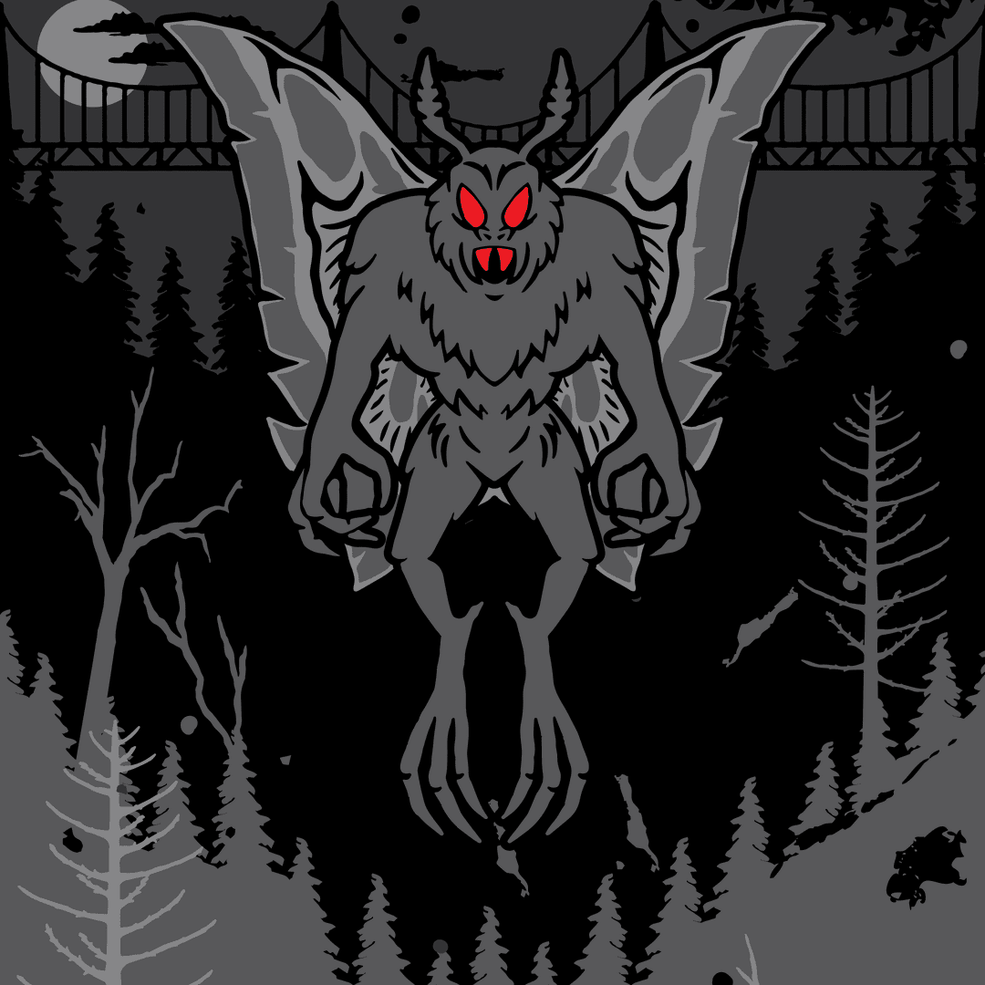 Monster with red eyes and bat-like wings in a dark forest setting
