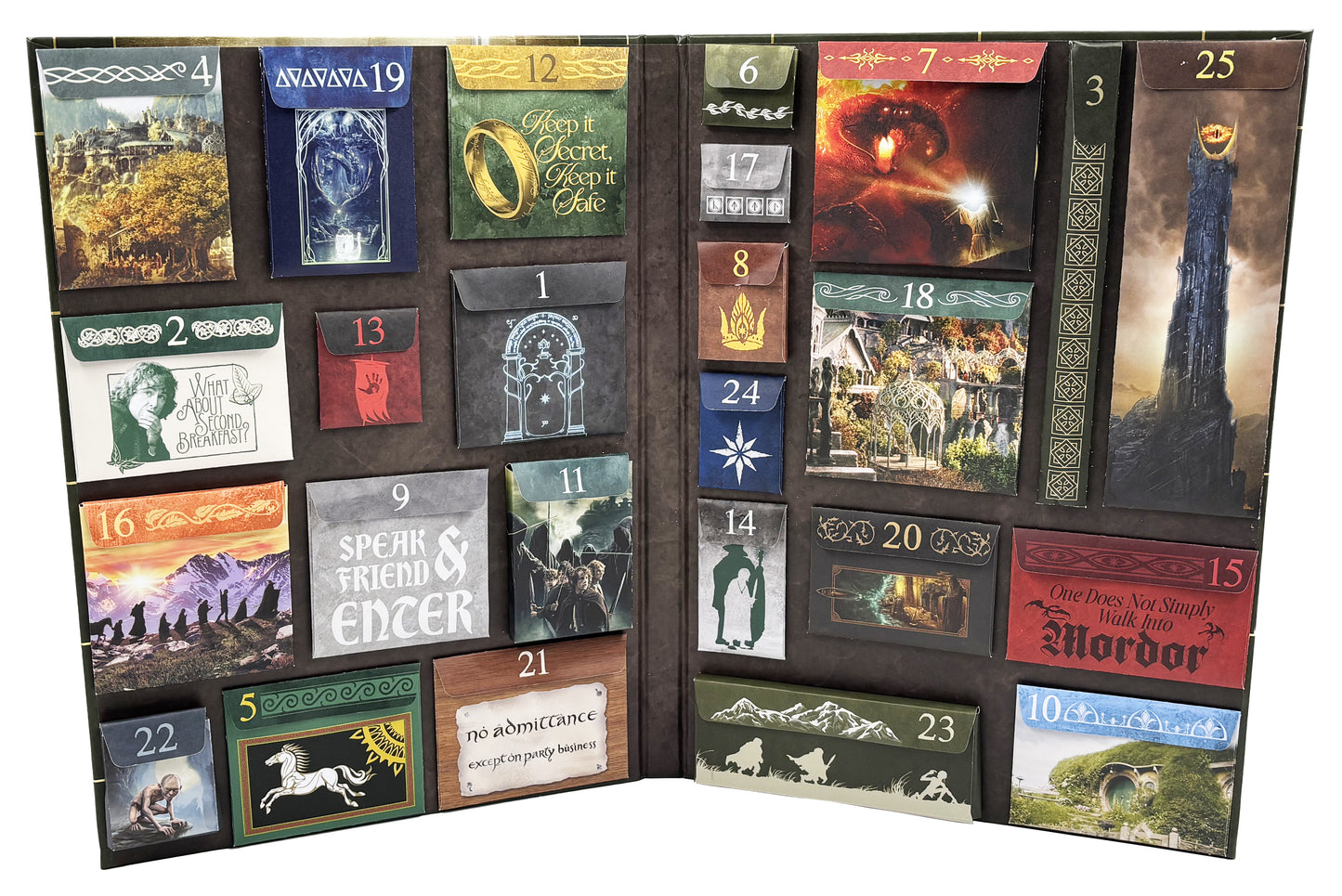 An open folding Advent calendar made from The Lord of the Rings book covers, showing 25 numbered doors with fantasy illustrations and text such as 'Anaraza 19', 'Speak Friends & Encer', and 'The Door of Memory'.