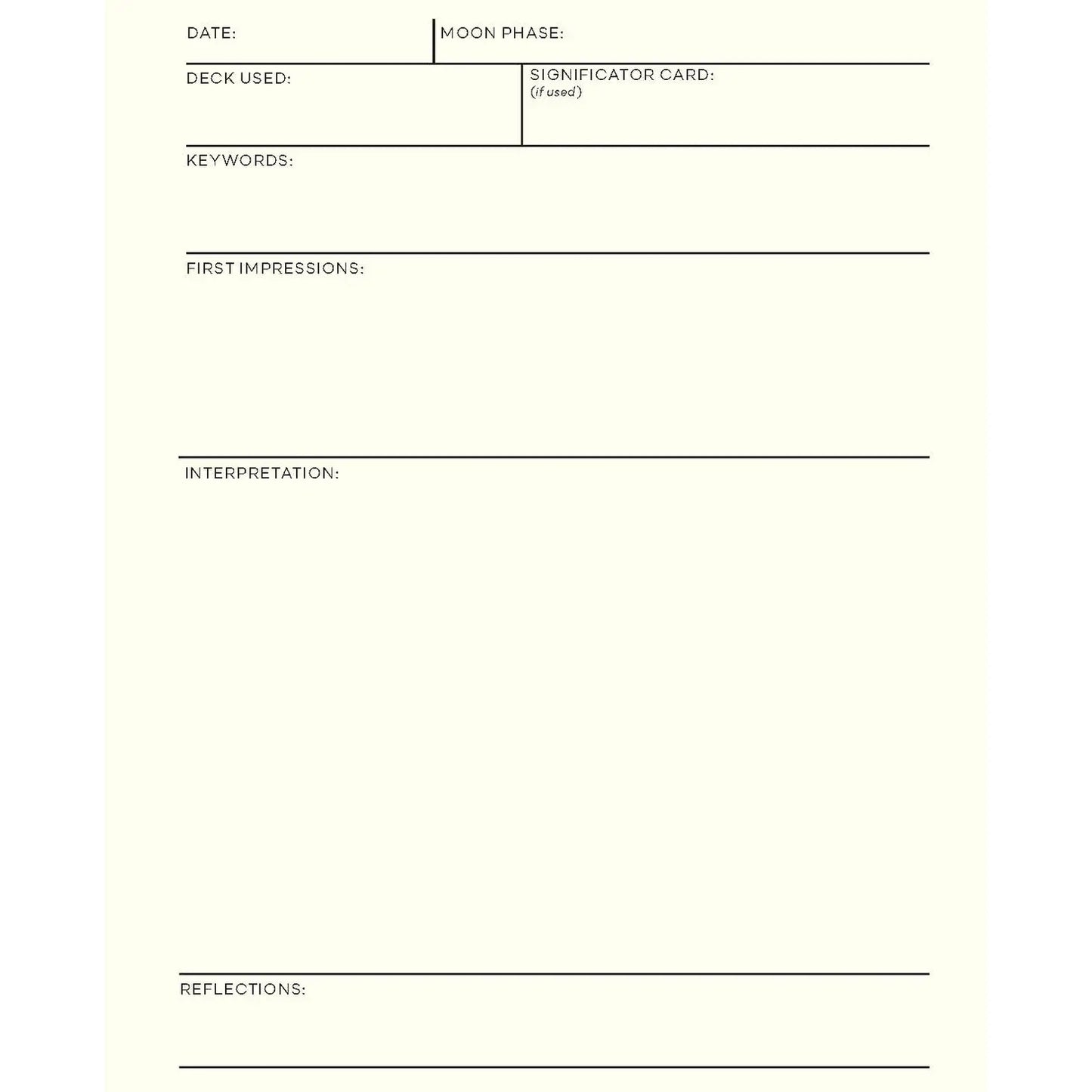 A sample page of the Tarot journal. It has slots for the date, moon phase, deck used, significator card, keywords, first impressions, interpretation, and reflections. 