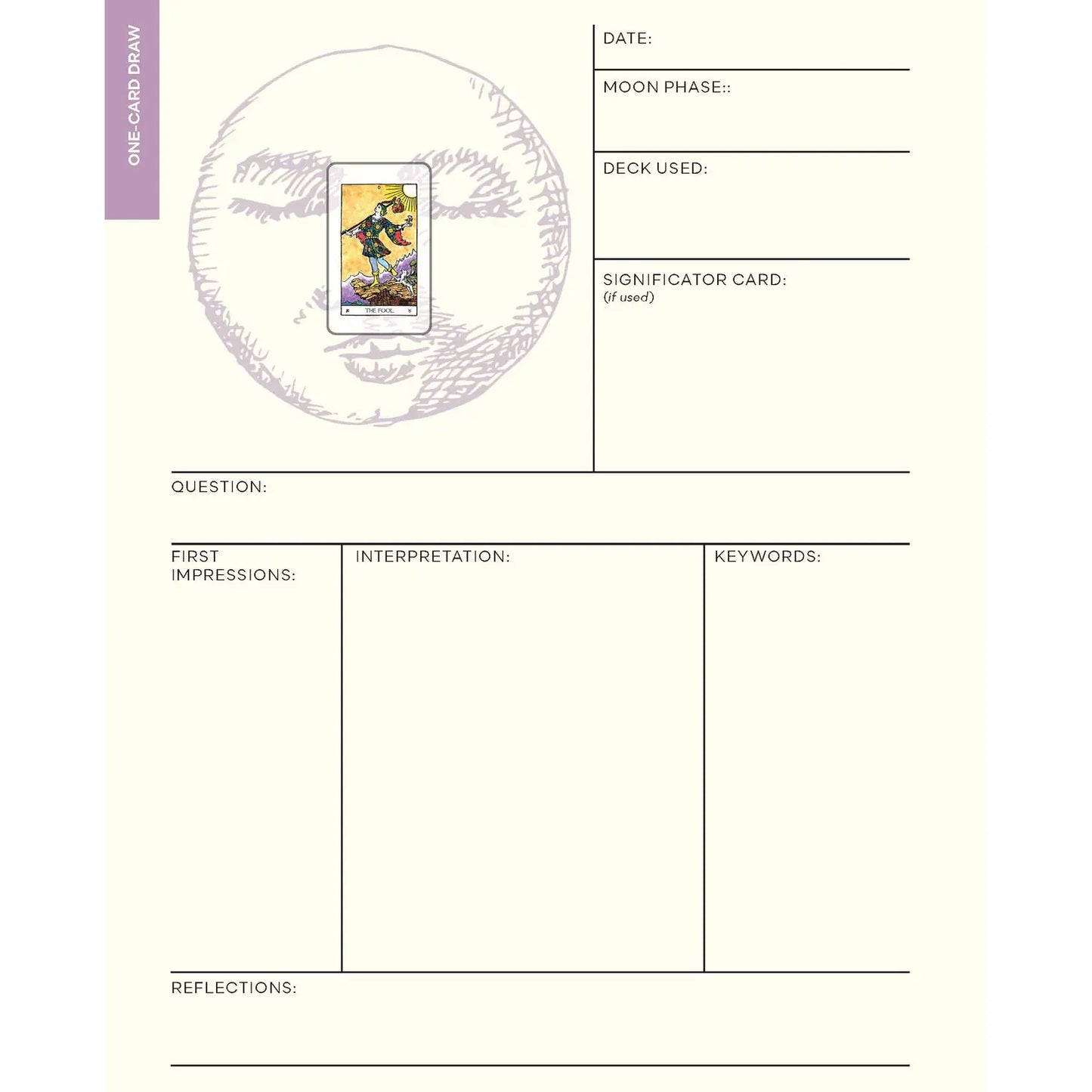 A sample page of the Tarot journal, featuring slots for the date, moon phase, deck used, significator card, question, first impressions, interpretation, keywords, and reflections.