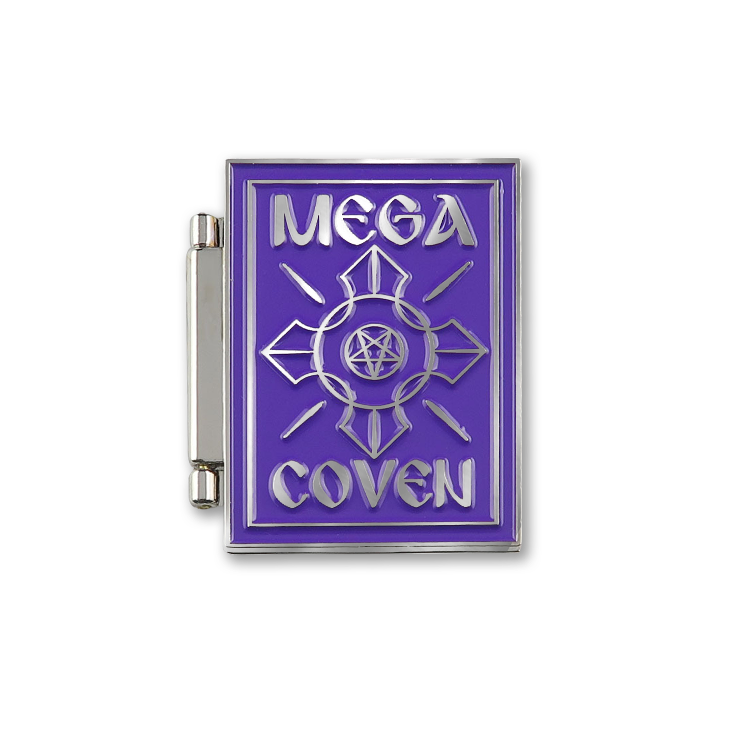 A silver enamel pin with a purple front in the shape of a book, with the words 'MEGA COVEN' in silver on the front. The hinge opens to reveal a spellbook page titled "World Domination Potion" on one side and a purple devil's trap on the other.